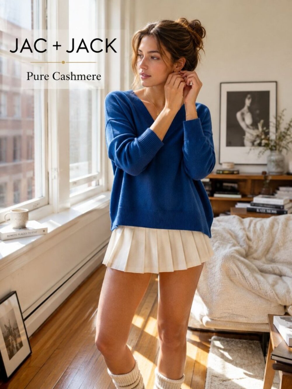 Jac + Jack Cashmere Sweater M Blue V Neck Oversized Slouchy Minimalist